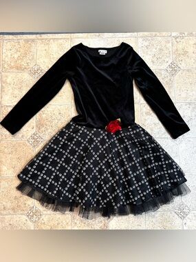 Girls Emily West Black Velvet and Silver Glitter Accent Long-Sleeve Dress Sz 8